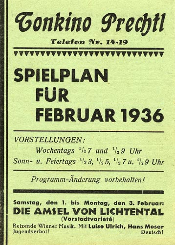 Tonkino Prechtl - Spielplan für Februar 1936