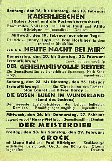 Tonkino Prechtl - Spielplan für Februar 1936