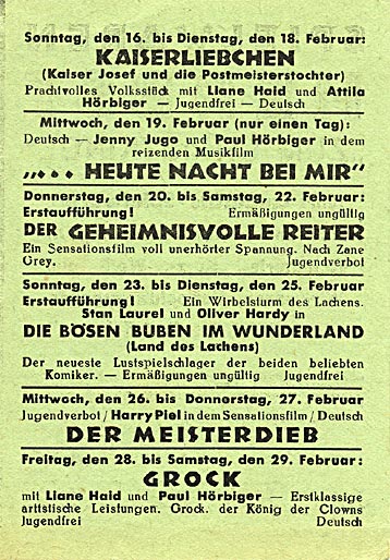 Tonkino Prechtl - Spielplan für Februar 1936